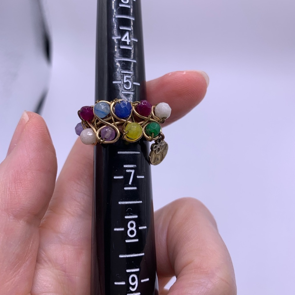 Multicolor Beaded Wire Wrapped Ring With Leather … - image 2